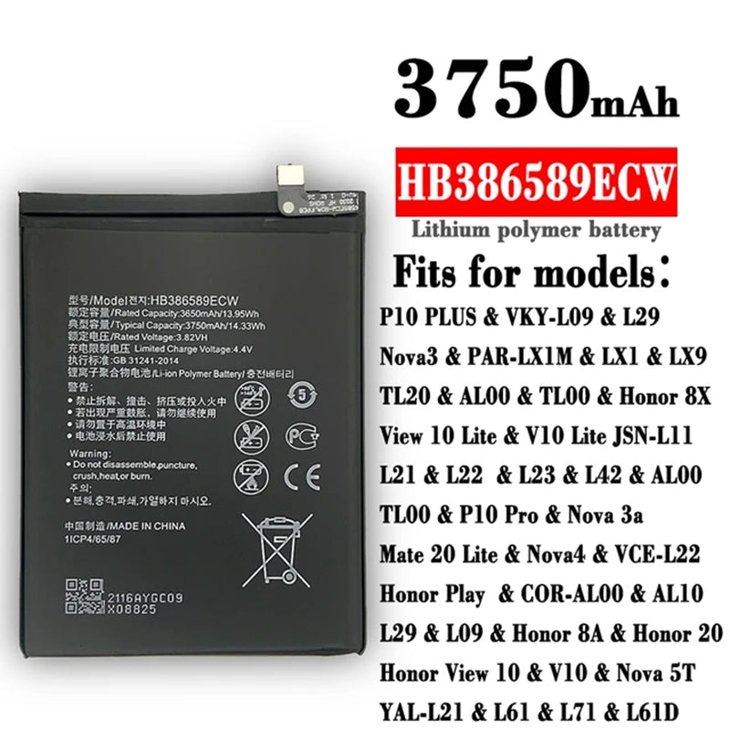 Batterie de remplacement pour Huawei Ascend P10 Plus / Mate 20 Lite / Nova 3 4 / Honor 8X, HB386589ECW Batterie de remplacement pour Huawei Ascend P10 Plus / Mate 20 Lite / Nova 3 4 / Honor 8X, HB386589ECW